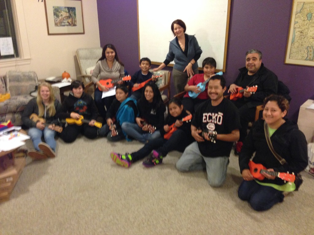 Dr. Astara Marcia of Global Music and Arts poses with her ukelele students at the final class of the six-session series at the Unitarian Universalist Fellowship of Redwood City.