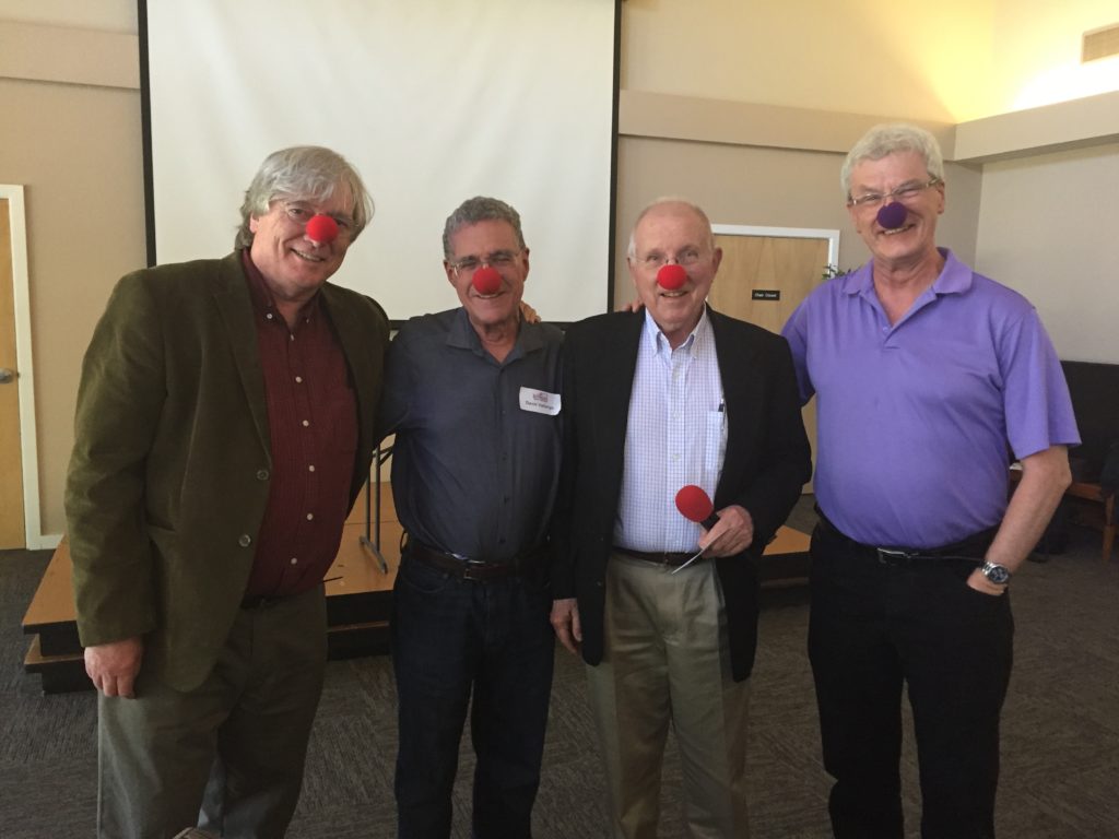 Fools David Vallerga and Thomas Atwood put on the nose with Arthur Dewey and Brandon Scott, scholars of the Jesus Seminar, at a seminar in Cupertino, California on 